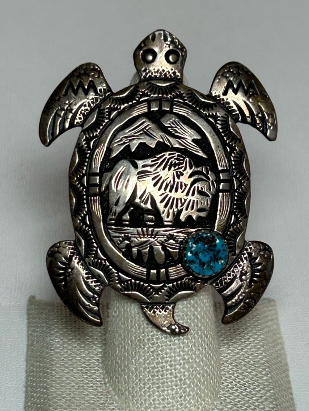 Navajo Signed R SINGER Turtle Sterling Silver 925 Turquoise Huge Native Ring